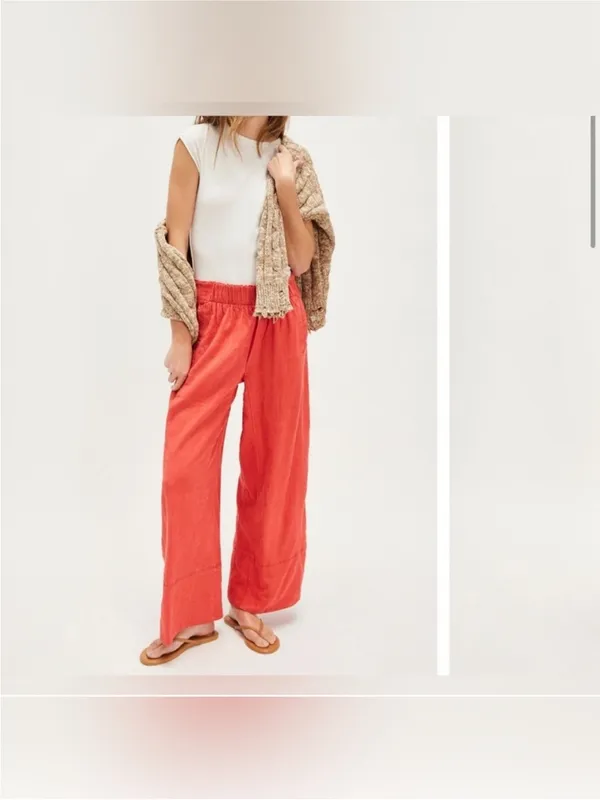 NWOT Free People Day's End Linen Pull-On Pants - poppy red coral - Medium - Image 3