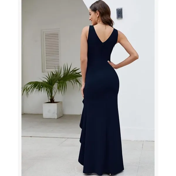 NEW Blue Evening Gown Formal Elegant V Neck Split Wrap S - Image 5