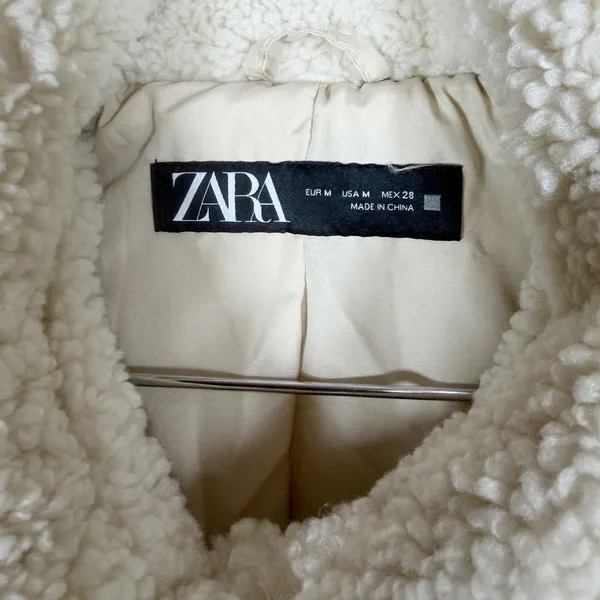 Zara Cream Faux Shearling Teddy Jacket Button Front Collared Off White Medium - Image 3