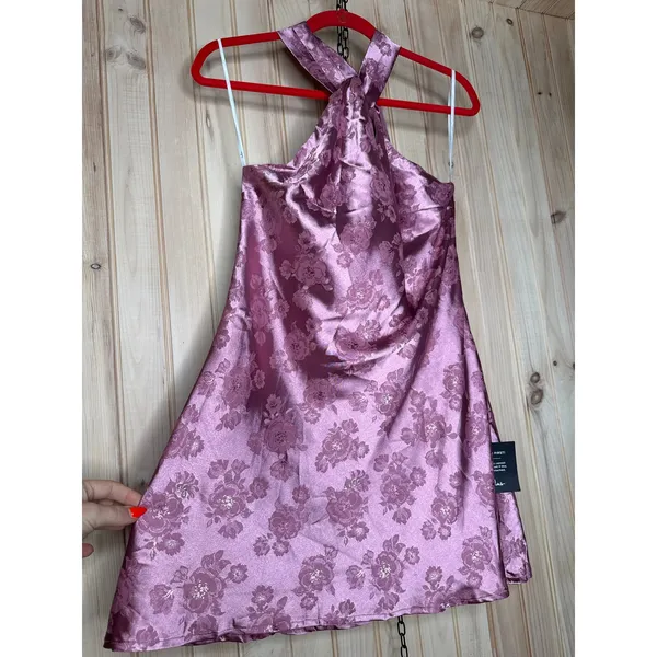 NWT Lulus Got the Key Mauve Satin Floral Jacquard Halter Mini Dress Party Sz M - Image 6