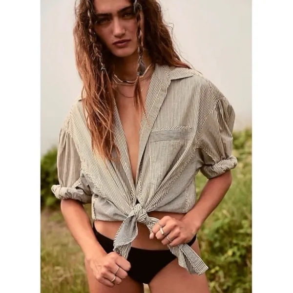 Free People Oversized Happy Hour Oxford Button Down Shirt Preppy Stripes Medium - Image 2