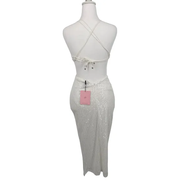 Hello Molly White Sequin‎ Cutout Midi Dress V-Neck Tie Back Formal Gown XS US 2 - Image 7