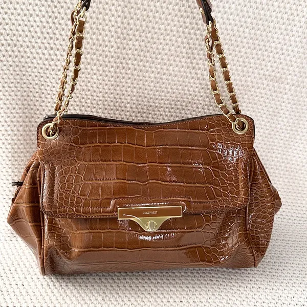 Nine West Cognac Brown Croc Embossed Textured Gold Chain Link Shoulder Bag Glam - Image 11
