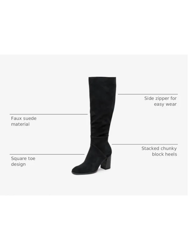 NEW Knee High Square Toe Chunky Block Heel Side Zipper Vegan Suede Long Boots 11 - Image 3