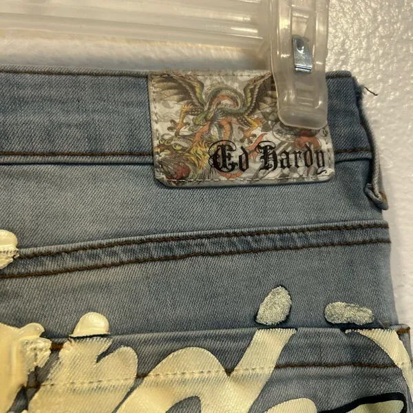 Ed Hardy Light Blue Flare Jeans with Skull Art - Image 8