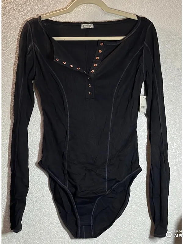 NWT Free People Intimately Sloane Long Sleeve Henley Bodysuit Black Small S - Image 3