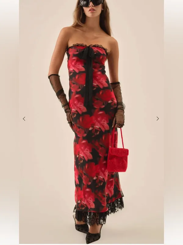 For Love and Lemons Dark Romance Strapless Floral Lace-Hem Maxi Dress - Image 8