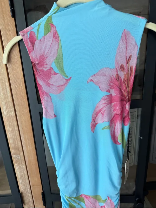 NWT Sincerely Jules Maxi Dress mock neck ruched Pink Floral Print stretchy mesh - Image 7