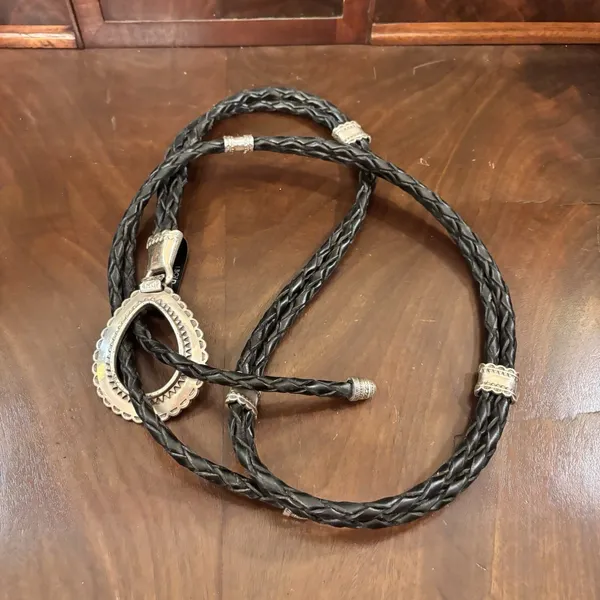 Vintage Black Braided Genuine Leather Bolo‎ Tie Belt Silver Tone Pendant 50" - Image 4