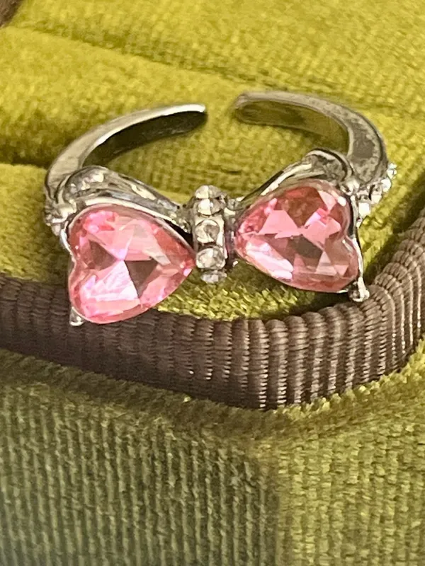 Jeulia Pink Bow 2 Heart Promise Open Ring Silver Size 7 - Image 4