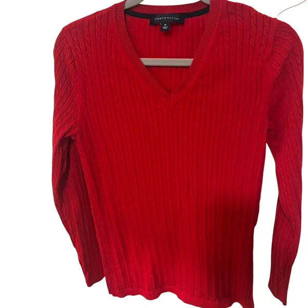 Tommy Hilfiger Red Cable Knit V-Neck Sweater Women’s Medium Classic Cotton - Image 7