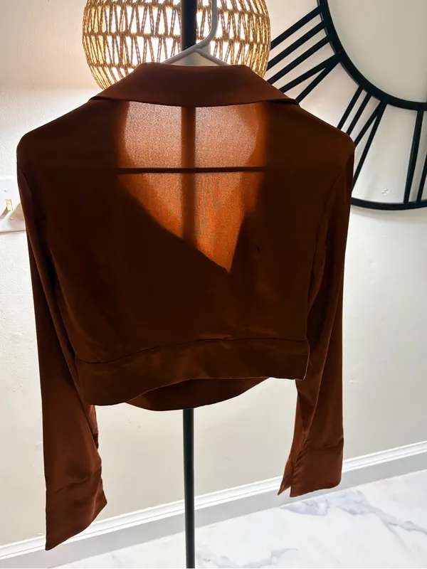 SHEIN Brown Draped Cowl Neck Long Sleeve Blouse - Image 4