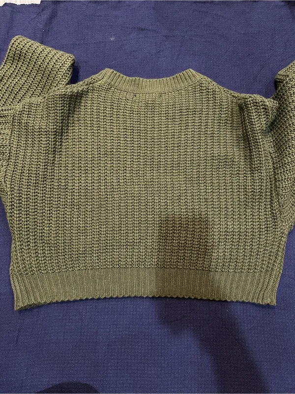SHEIN Olive Green Textured Cropped Crewneck Sweater - Image 6