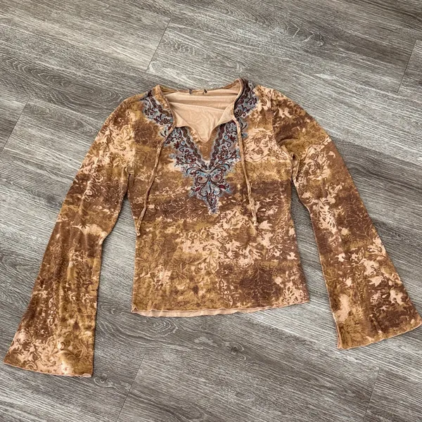 Y2K vintage boho western Gypsy fairy bell sleeve top brown tan small - Image 3