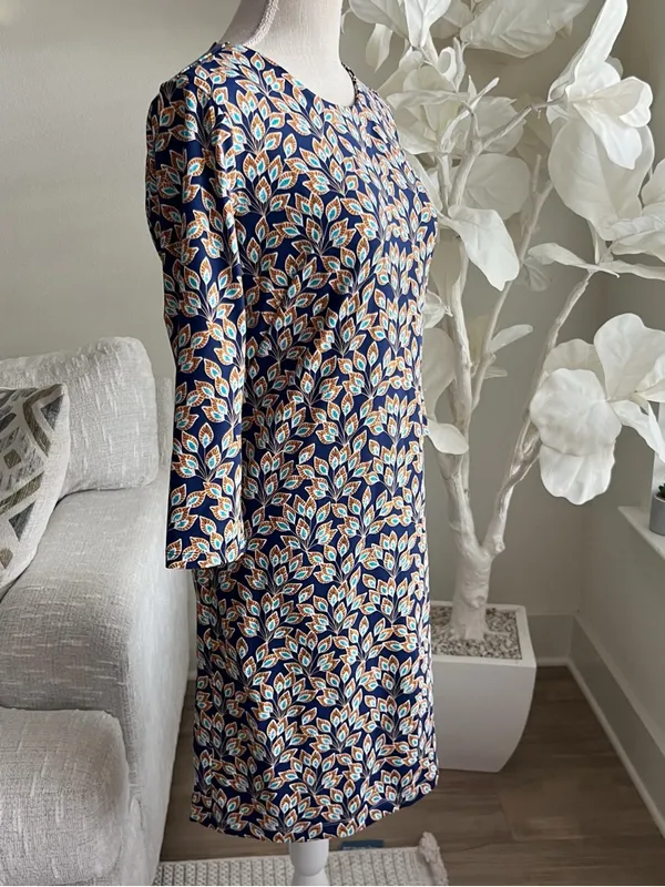 J. McLaughlin Sophia Shift Dress In Navy And Orange Peacock Long Sleeve Dress M - Image 2