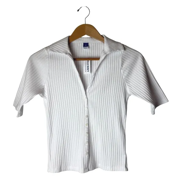 Old Navy Polo Shirt Women XS White NWT Ribbed Button Down Short Sleeve Preppy - Image 2