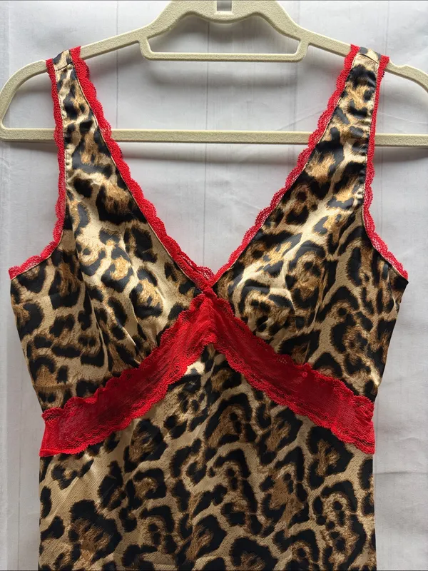 Kiwi & Co. NWT Cheetah Charm Leopard Print Red Lace Trim Mini Slip Dress - Image 3