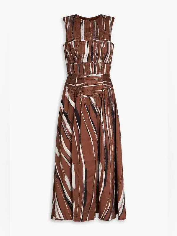 NEW Aje Gabrielle Stripe Pleated Linen Blend Midi Dress brown black small (8) - Image 2