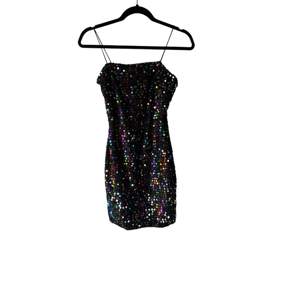 Bear Dance NWT Sparkly Sequin Mini Dress Spaghetti‎ Straps Blk Rainbow Party Clubwear Disco - Image 2