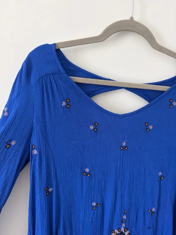 Free People Oxford Embroidered Cobalt Blue Long Sleeve Baby Doll Boho Dress M - Image 3