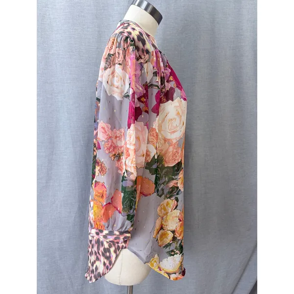 Figueroa & Flower Blouse Gray Floral Leopard Metallic Sheer XL - Image 6