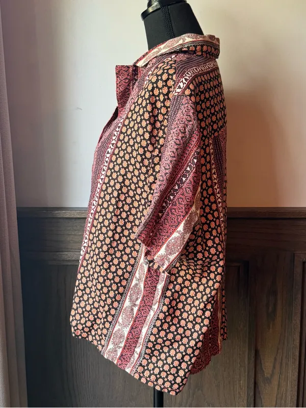 Rachel Zoe Short-Sleeve Linen Button-Down Shirt in Burgundy and Blush Pattern xl - Image 2