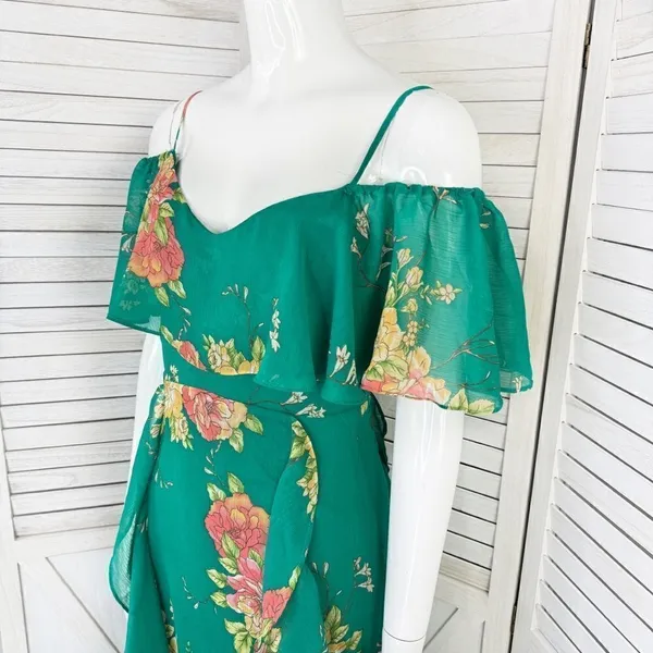 Lulus Romantic Love Floral Chiffon Ruffle Cold Shoulder Midi‎ Dress Green XS - Image 7
