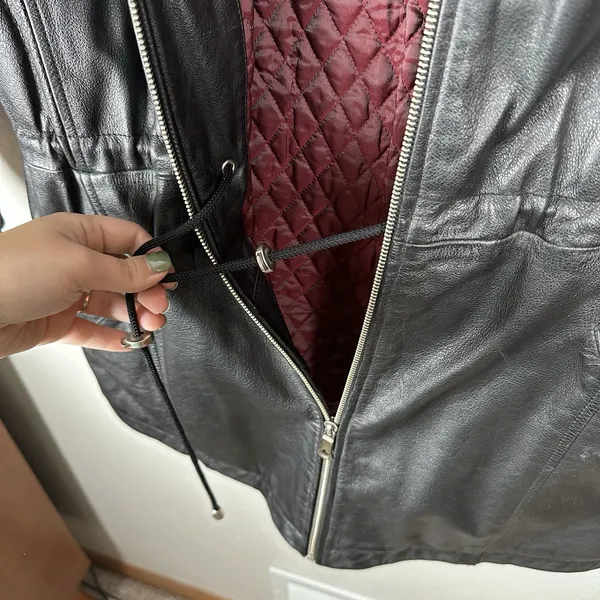 Wilsons‎ Leather Black Long Full-Zip Hooded Jacket Womens Size Large Cinch Waist - Image 5