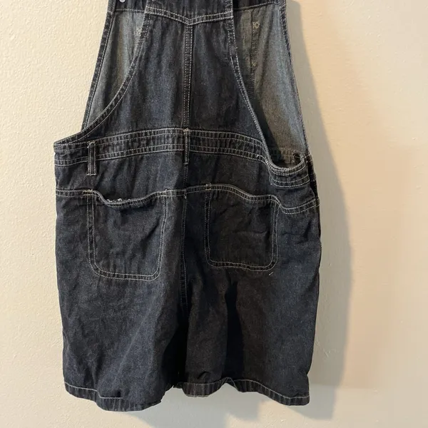 Route 66 Vtg Denim Overall Shorts Black Grey Embroidered Y2K Kid Core Grunge‎ Goth 90s - Image 6