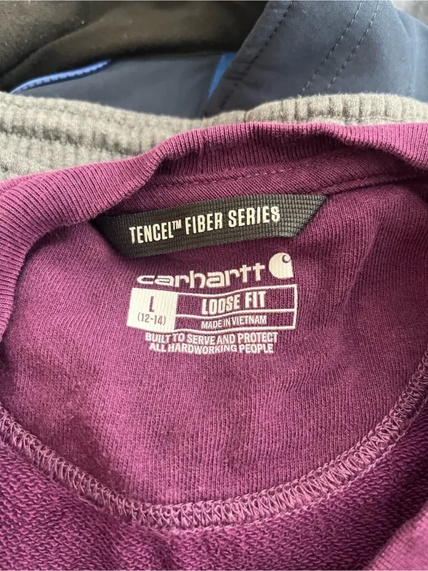 Carhartt Tencel Sweatshirt Womens Large Burgundy Loose Fit Cropped Sleeve Logo - Image 13
