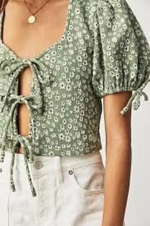 Free People Sweet Sun Top Size S Green Floral Puff Sleeve Crop - Image 2