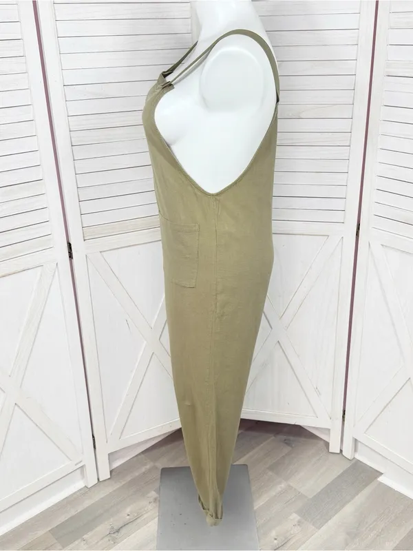 Emery‎ Rose Cotton Front Pocket Cuffed Overalls Jumpsuit Olive Green Large - Image 2