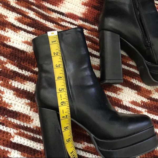 Y2K Chunky Lug Black Platform destroyer bratz combat ankle mid-calf boots gothic biker faux leather booties #grunge #subversive #gorpcore #emo #whimsygoth Women 7.5 Measurements pictured - Image 5
