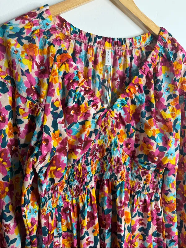 Boho Floral Dress Long Sleeve‎ Babydoll Smocked Large Whimsigoth Cottagecore - Image 9