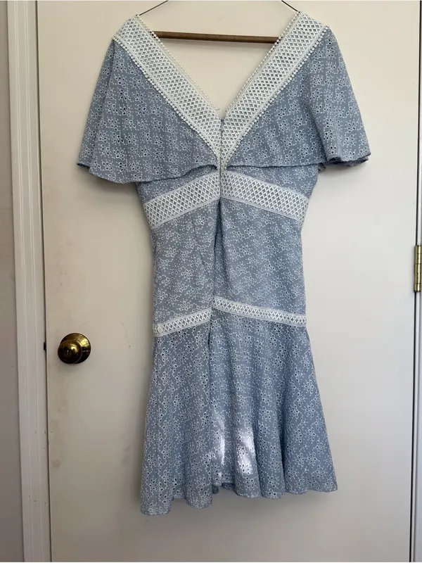 Gianni Bini Light Blue Lace Mini Dress with White Trim, eyelet lace flare dress - Image 2