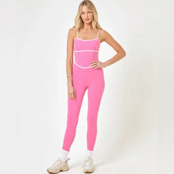 L*Space Ace Jumpsuit Pink Taffy & Cream Sporty Anthropologie Pilates Yoga Small - Image 9