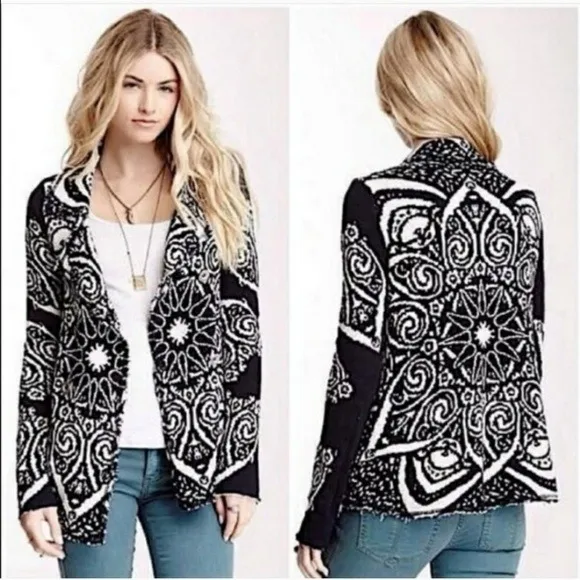 Free People Smitten Kitten Cardigan Women Small Black Mandala Boho Knit Sweater - Image 2
