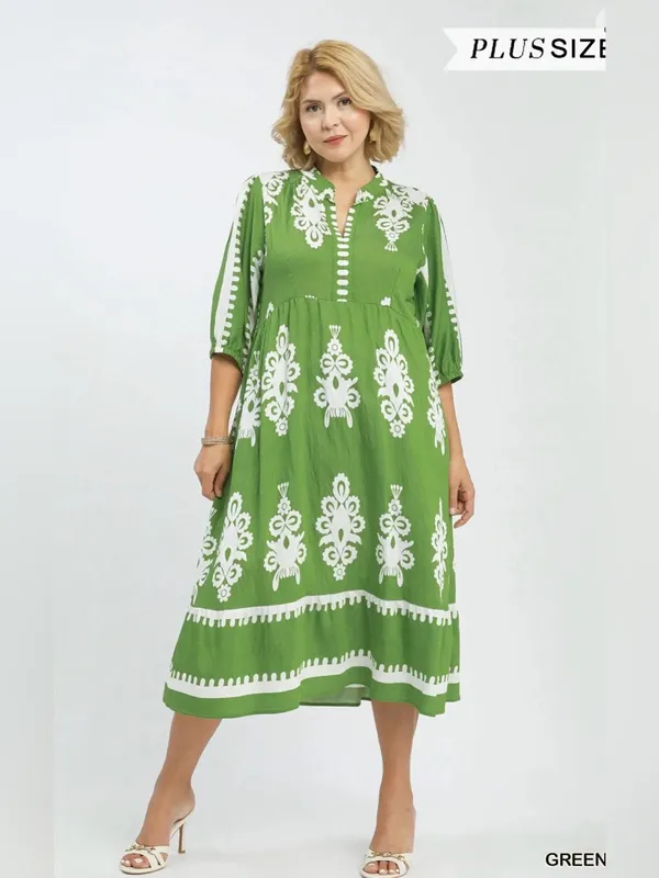 New! Umgee Plus Size Green Cream Abstract Midi Dress Size 2X - Image 2