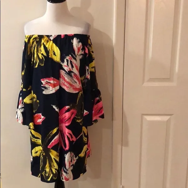 Navy Floral Off Shoulder Bell Sleeve Tunic Shift Mini Dress Size M - Image 5