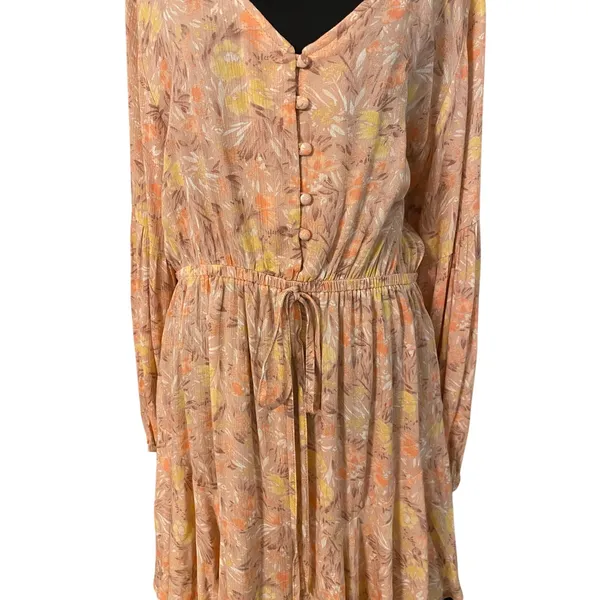 Cozy Co Boho Peach Long Sleeve Mini Dress Pockets Large Prairie Soft Girl Flowy‎ - Image 4
