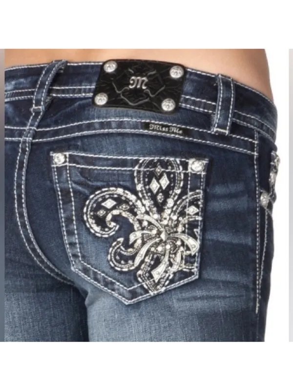 Miss Me Signature Rise Skinny Jeans Golden Firework Fleur de Lis Bling Size 26 - Image 2