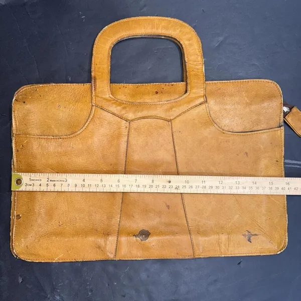 Vintage‎ Genuine Leather Tan Rustic Distressed Workwear Satchel Briefcase Bag - Image 2