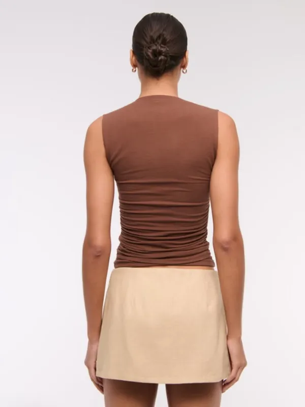 Tan Beige Mid Rise Micro Wrap Mini Skort - Image 5