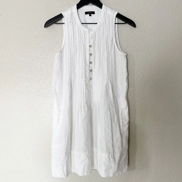 Quince 100% European Linen Sleeveless Swing Dress Pintuck Button Front‎ XS White - Image 2
