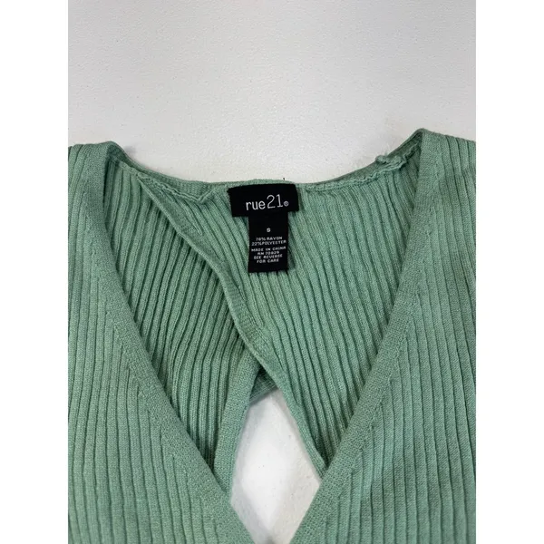 rue21 Sage Green Ribbed Knit Wrap Top Open Back‎ Long Sleeve Crop Top - Image 6