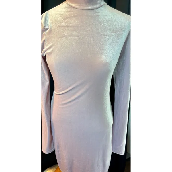 HM Lavender Shimmer Velvet Mock Neck Long Sleeve Ruched Bodycon Mini Dress Small - Image 6