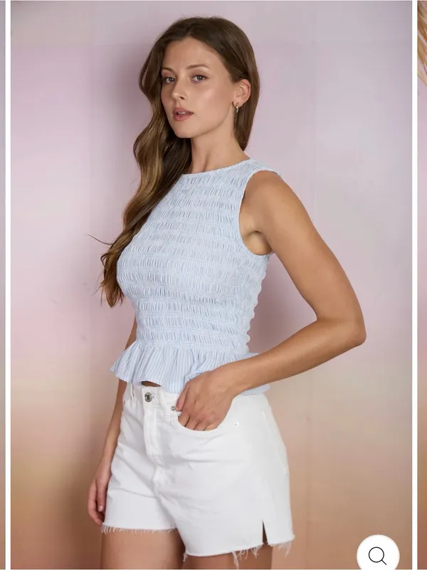 Blu Pepper Light Blue Stripe Smocked Sleeveless Blouse Medium NWT - Image 5