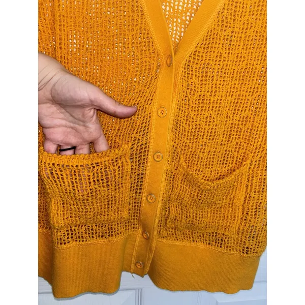 Free People FP Beach Golden Yellow Open Knit Button Cardigan Pockets Small Boho - Image 4