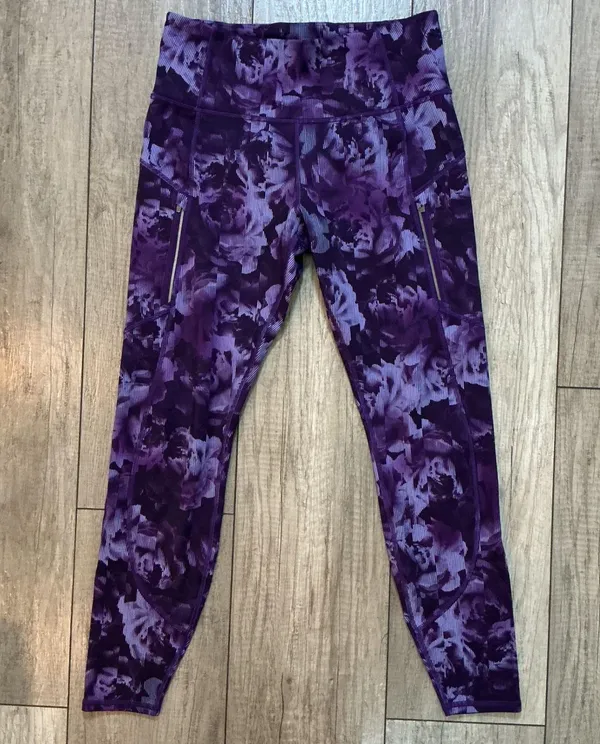 Athleta Rainier Printed Tight Purple Floral Zipper Pocket Activewear Leggings - Image 2