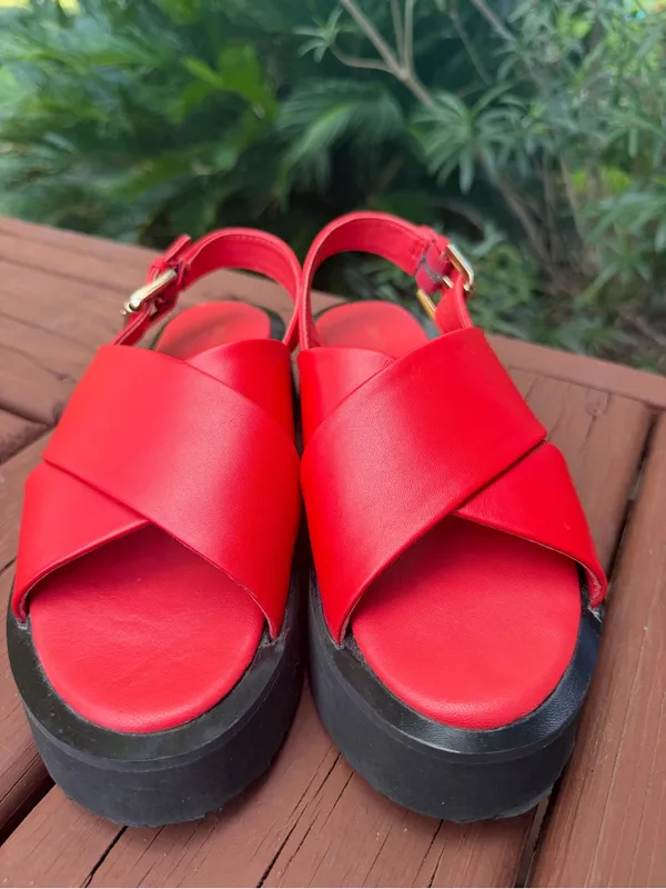 Maeve Anthropologie Red Leather Cross Strap Platform Sandals Size 6.5 $140 - Image 3